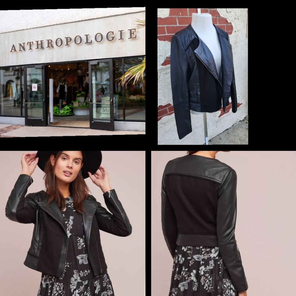 $348 XL women ANTHROPOLOGIE black genuine leather moto jacket zip long sleeve